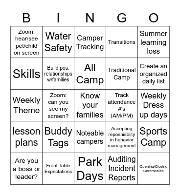 Camp Training Bingo ~ LEADERSHIP Bingo Card