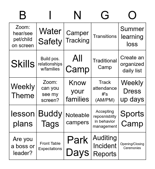 Camp Training Bingo ~ LEADERSHIP Bingo Card