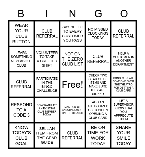 CLUB Bingo Card