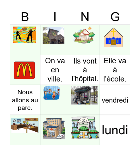 Les Lieux, les jours de la semaine, ALLER Bingo Card