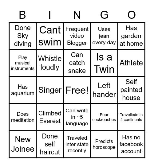 Team Building Bingo Card