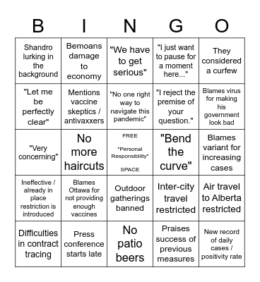 Alberta Lockdown Bingo Card