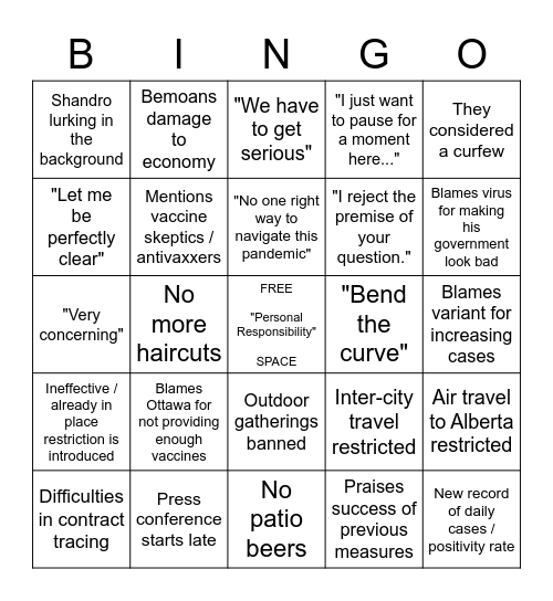 Alberta Lockdown Bingo Card