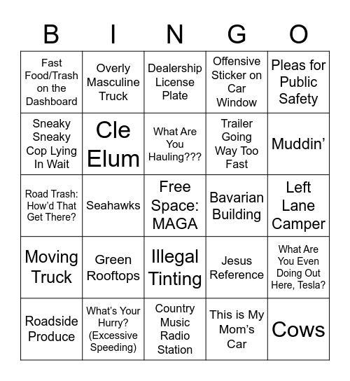 Seattle To Yakima Drive Bingo Card