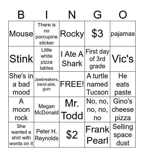 Judy Moody was in a Mood CH 1-3 Bingo Card