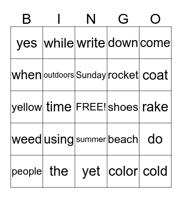 Sight Word Bingo Card