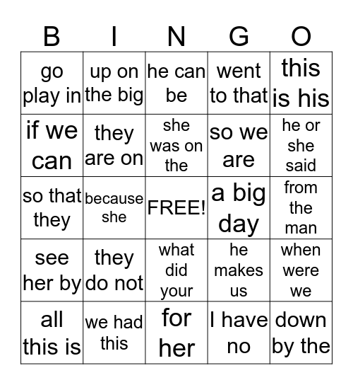1st Grade Fluency Phrases BINGO  Bingo Card