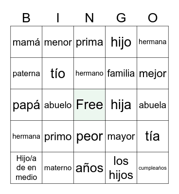 U3L2 Familia (5 de mayo) Bingo Card