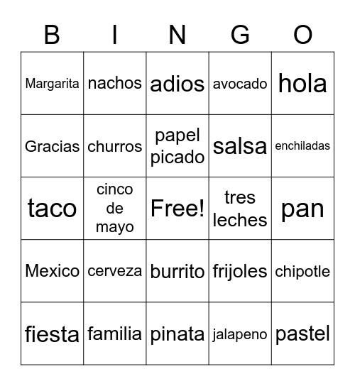 Cinco de Mayo Bingo Card