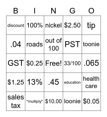 Percentages Bingo Card