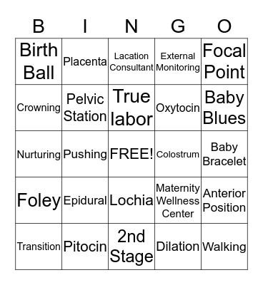 Labor and Birth Bingo Card