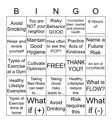 Wellness, Risk and Happiness Bingo Card