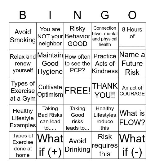 Wellness, Risk and Happiness Bingo Card