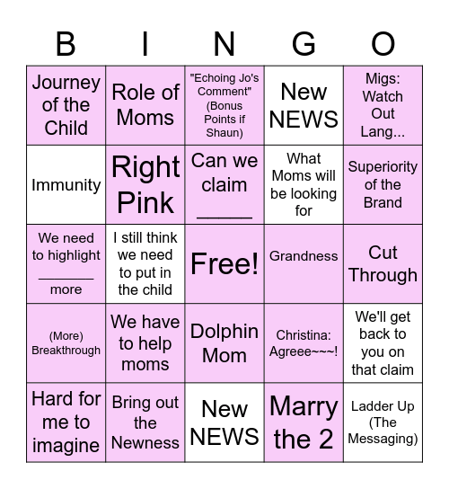 Nurture Bingo Card