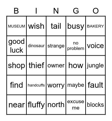 Animal Police Vocabulary Bingo Card