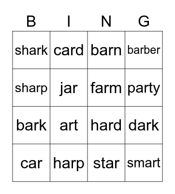 Funny Phonics 5 Unit 1 "ar" Bingo Card