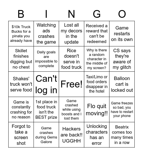 Diner Dash Adventures RANTS! Bingo Card