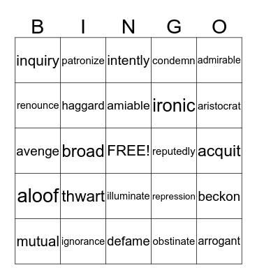 A Tale of Two Cities Bingo Card