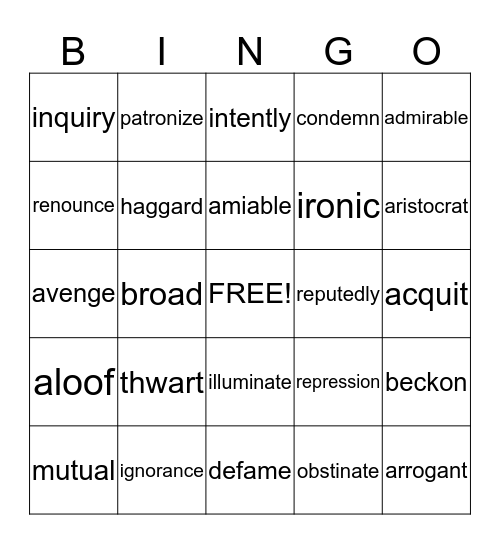 A Tale of Two Cities Bingo Card