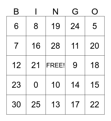 LOS NUMEROS 1-30 Bingo Card