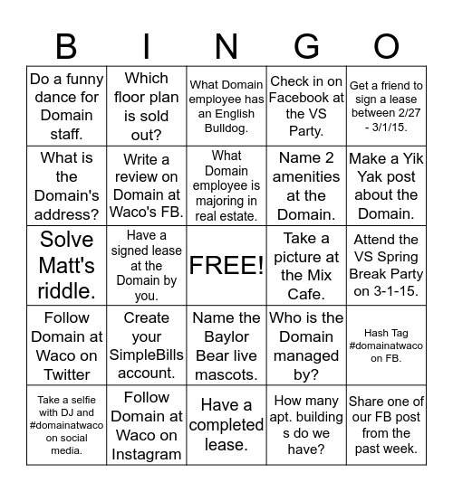 Domain at Waco Bingo Card