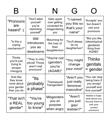 Transphobic Parent Bingo Card