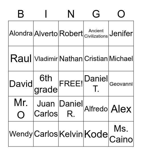 6th grader Name Bingo Card