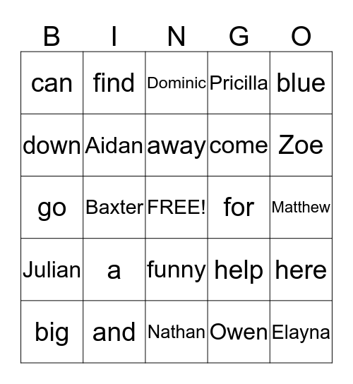 Sight Words Bingo Card