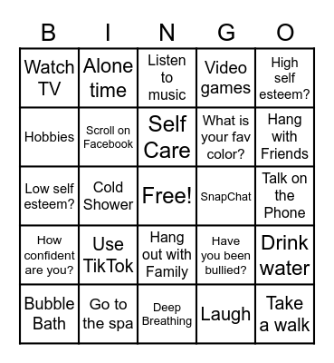 Self Esteem Bingo Card