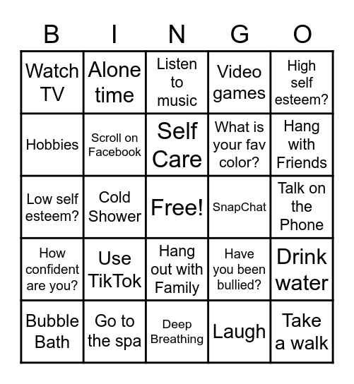 Self Esteem Bingo Card