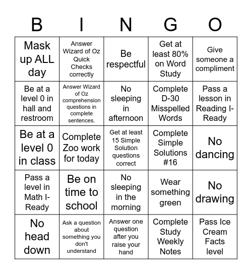 Behavior Bingo Card