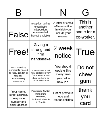 Job readiness Bingo Card