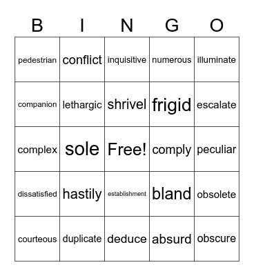 Vocabulary Bingo Card