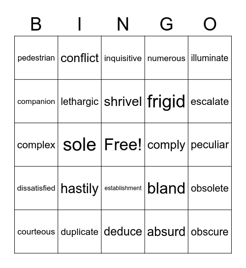 Vocabulary Bingo Card