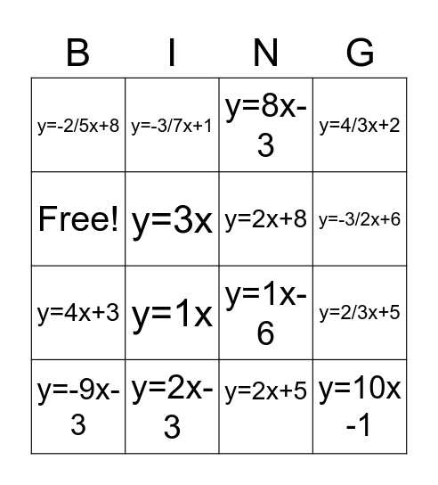 Slope Intercept Form ( Given 2 points) Bingo Card