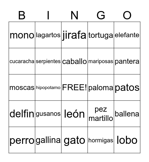 Animales  Bingo Card