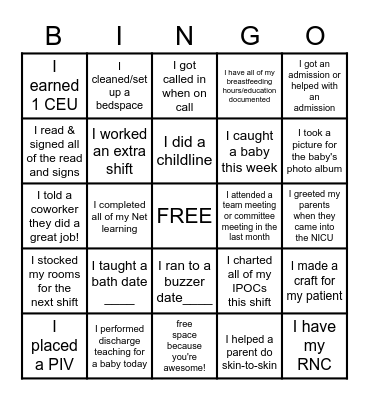 NICU NURSE BINGO! Bingo Card