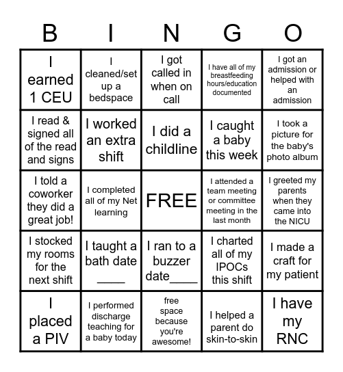 NICU NURSE BINGO! Bingo Card