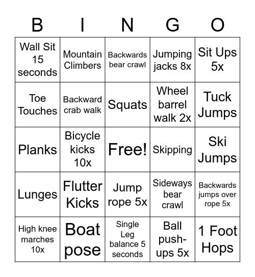 Exercises Bingo Card