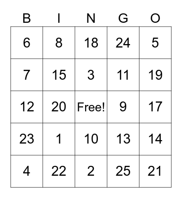 Algebra BINGO Card