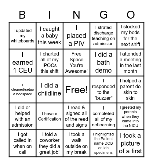 NICU Nurses Week May 6-12 2021 Bingo Card