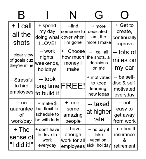 BE YOUR OWN BOSS! Bingo Card