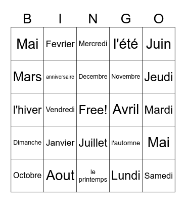 French Months/Days Bingo Card