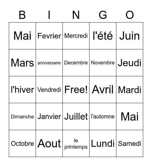 French Months/Days Bingo Card