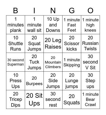 Fitness 2 Bingo Card