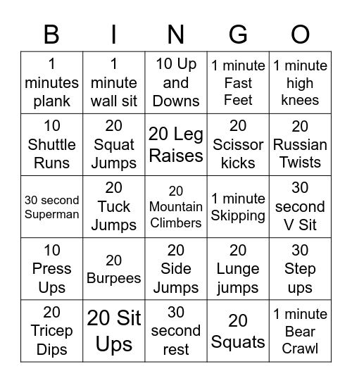 Fitness 2 Bingo Card