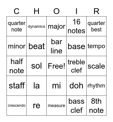Jr. Honour Choir Bingo Card