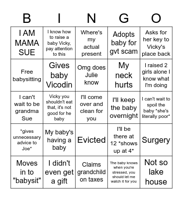 Sue Looses It Bingo Card