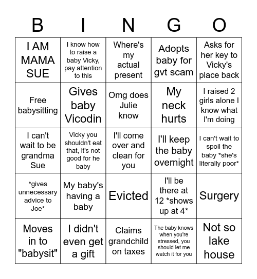 Sue Looses It Bingo Card