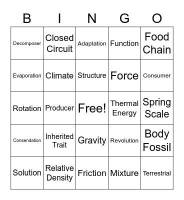 Science STAAR Vocab Bingo Card